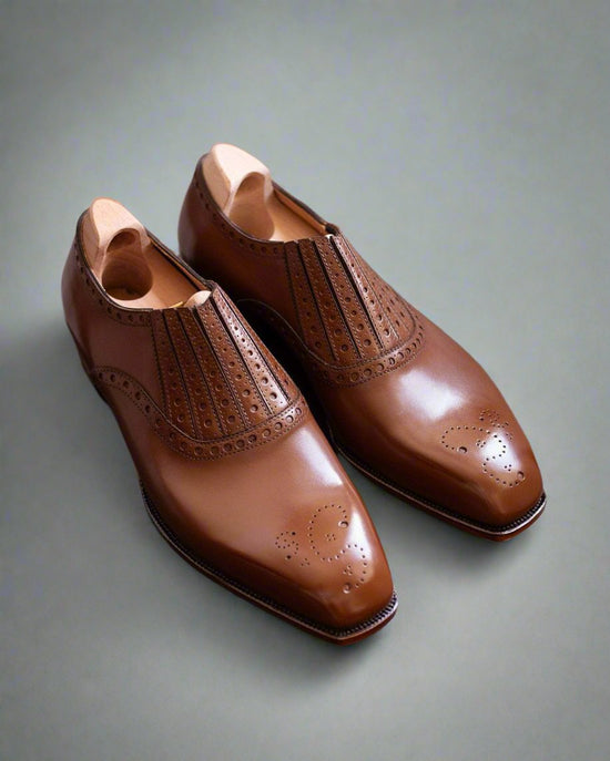 Tan Leather Midara Slip On Elasticated Loafers With Brogue - Formal Shoes
