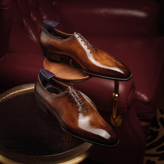 Tan Leather Sorano Whole Cut Patina Finish Lace Up Oxford Shoes - Formal Shoes