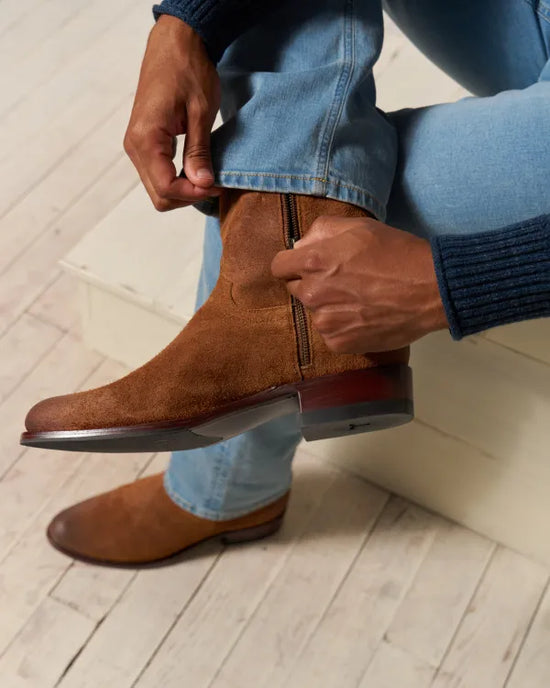 Tan Suede Leather Barstow Slip On Zipper Western Cowboy Boots - Cowboy Boots