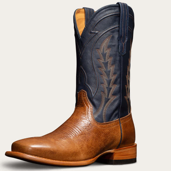 Tan and Navy Blue Leather Bartlett Slip On Western Cowboy Boots - Cowboy Boots