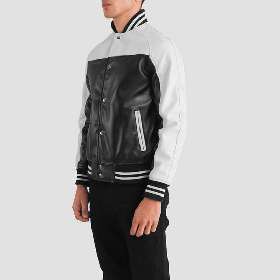 Terrance Black & White Leather Varsity Jacket - Leather Jackets