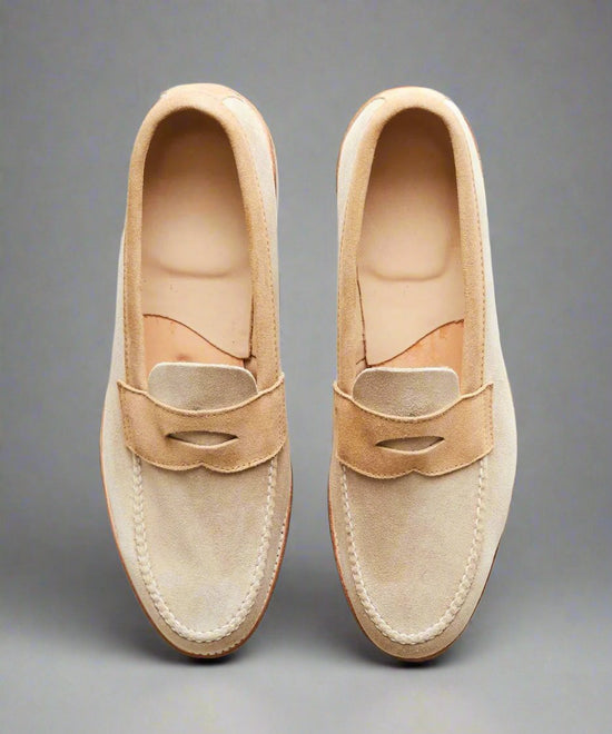 Two-Tone Penny Loafer Beige And Brown Italian Suede - Loafers