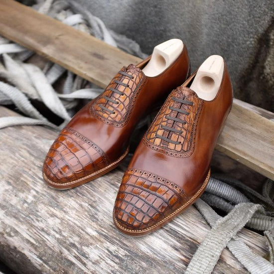 Tan Leather Lagos Croc Print Brogue Toe Cap Oxfords - Formal Shoes