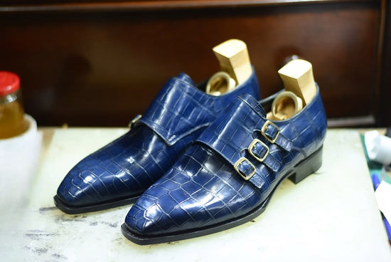 Blue Alligator Italian Leather Triple Monkstrap Shoes - Formal shoes - Monk Shoes