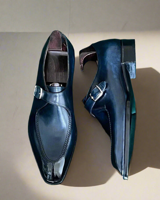 Blue Leather Stellan Single Monk Straps - Formal Shoes - Monk Shoes