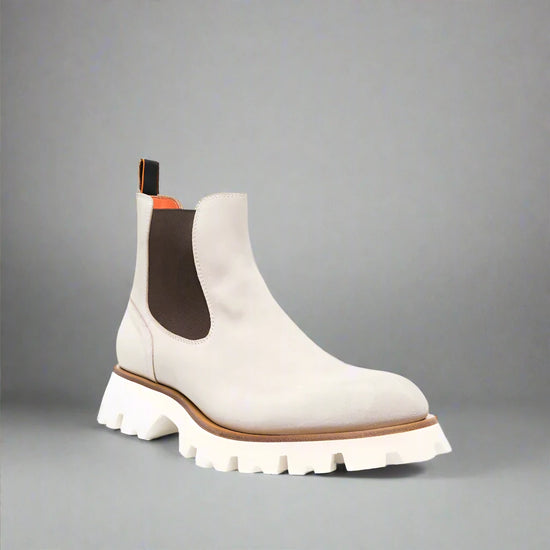 White Italian Suede Leather Combat Hiking Boots with Chunky Track Sole - Boots