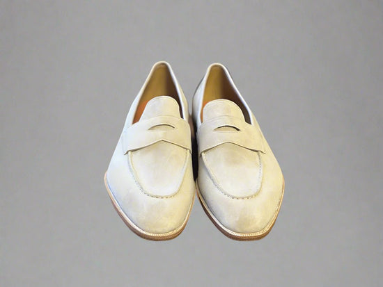 White Italian Suede Leather Penny Loafers - Loafers Shoes