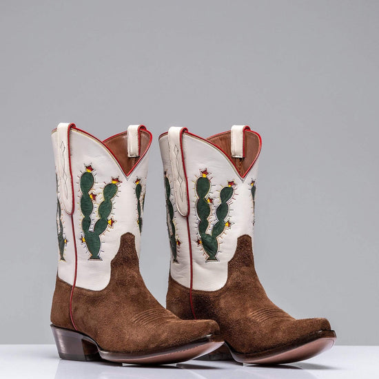 White Leather And Brown Suede Barstow Slip On Western Cowboy Boots With Cactus - Cowboy Boots