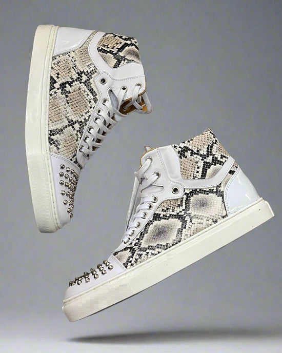 White Leather And Snack Pattern Leather High Top Lace Up Sneakers With White Sole - Sneaker Shoes