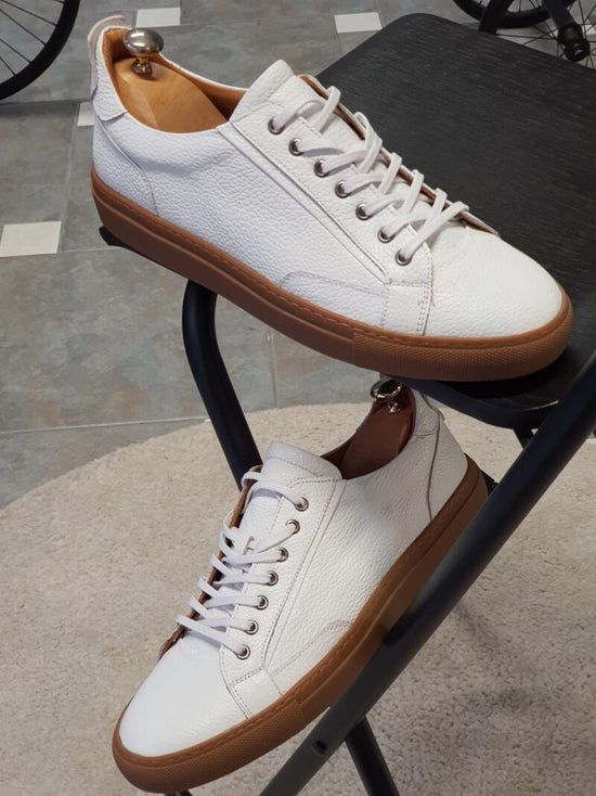 White Leather Low Top Lace Up Sneakers with Brown Sole - Sneaker Shoes