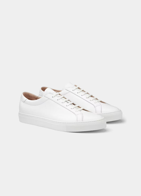 White Leather Low Top Lace Up Sneakers with White Sole - Sneaker Shoes