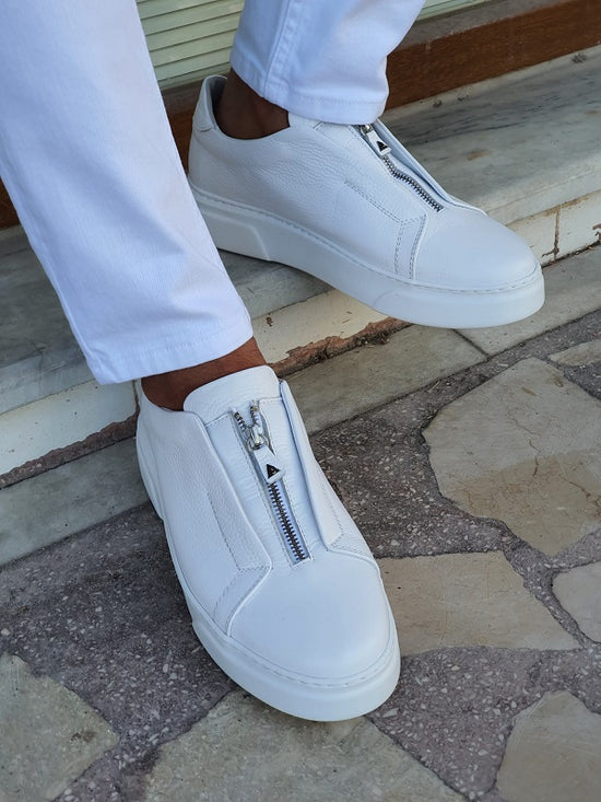 White Leather Mid-Top Zipper Sneakers with White Sole - Sneaker Shoes