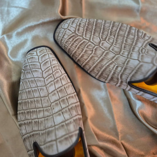 GREY CROC LEATHER EMERIC SLIP ON LOAFERS SHOES - LOAFERS