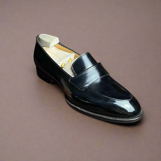 Black Italian Leather Handcrafted Slip On Penny Loafers - Loafers
