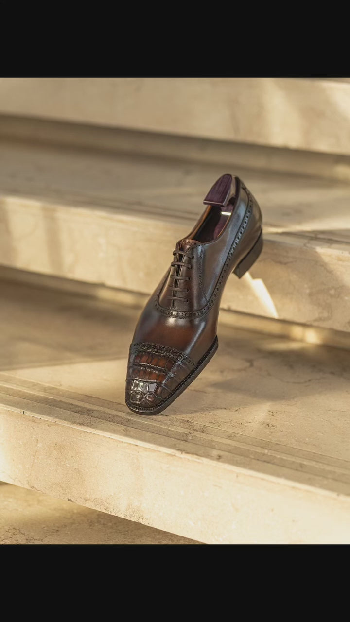 Dark Brown Leather Croc Toe Cap Lace Up Formals - Formal Shoes01