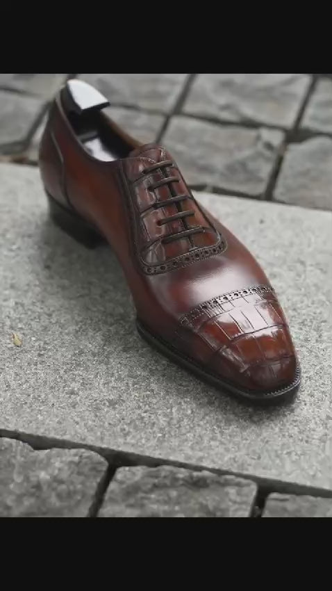 Dark Brown Leather Croc Toe Cap Lace Up Formals - Formal Shoes
