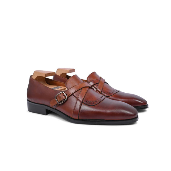 Brown Leather Slip On Cross Component Loafers - Loafers Shoes