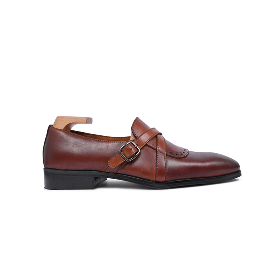 Brown Leather Slip On Cross Component Loafers - Loafers Shoes