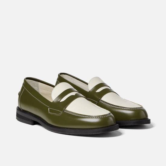 Italian Olive Leather And White Leather Penny Loafer - Loafers