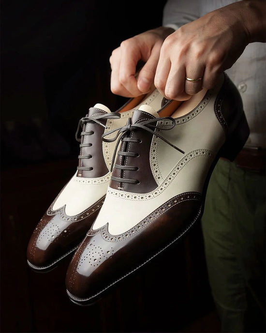 Brown and White Leather Evadne Brogue Wingtip Spectator Oxfords - Formal Shoes