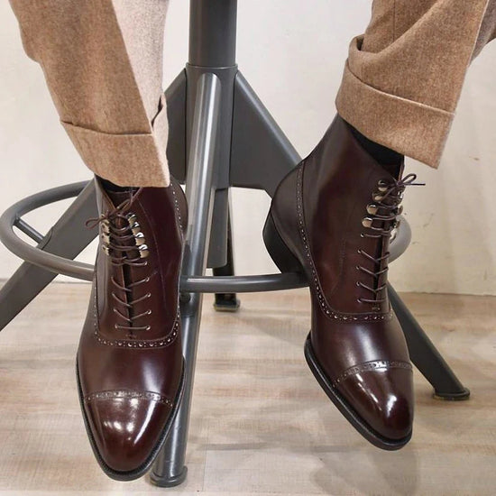 Brown Leather Barletta Lace Up Brogue Oxford Boots - Boots