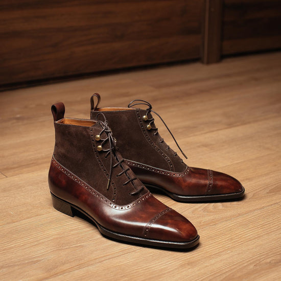 Brown Leather Patina and Suede Orvieto Lace Up Brogue Oxford Boots - Boots