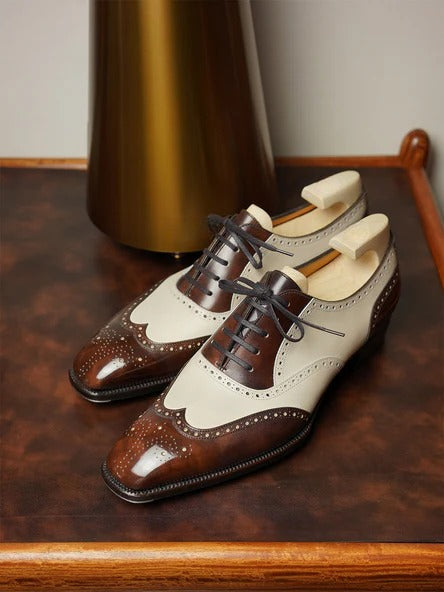 Brown and White Leather Evadne Brogue Wingtip Spectator Oxfords - Formal Shoes