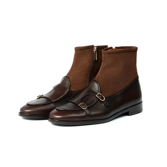 Elko Handmade Brown Leather Double Monk Buckle Ankle Boots - Boots