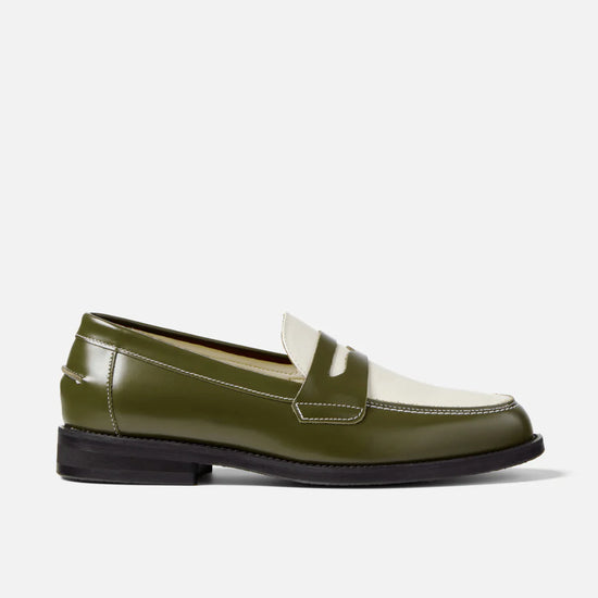 Italian Olive Leather And White Leather Penny Loafer - Loafers