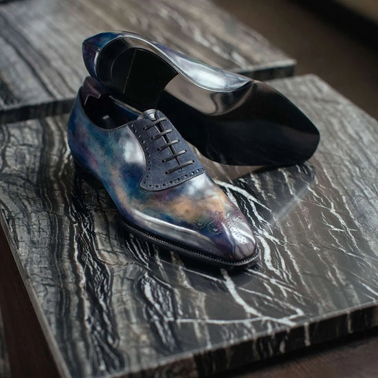 Luxury Addition - Blue Leather And Suede Isolde Brogue Patina Finish Oxfords - Formal Shoes