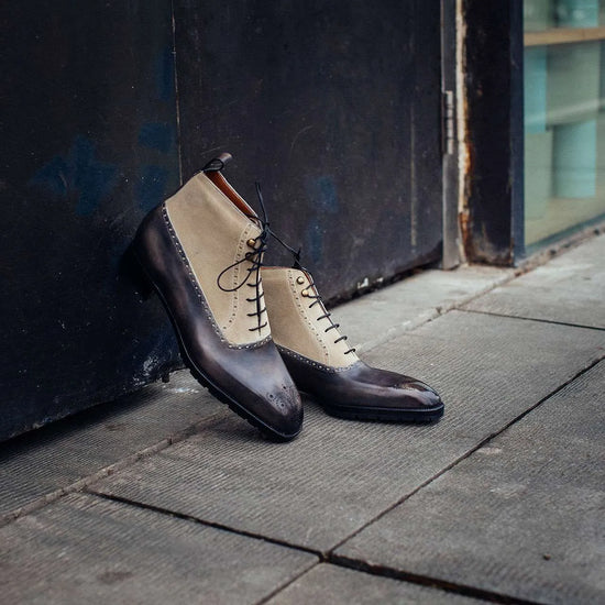 Purple Leather Patina and Cream Suede Orvieto Lace Up Brogue Oxford Boots - Boots