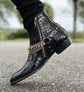 Black Crocodile Print Italian Leather Ravien Harness Chelsea Boots with Silver Chain - Boots