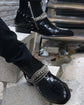 Black Crocodile Print Italian Leather Ravien Harness Chelsea Boots with Silver Chain - Boots