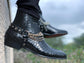 Black Crocodile Print Italian Leather Ravien Harness Chelsea Boots with Silver Chain - Boots