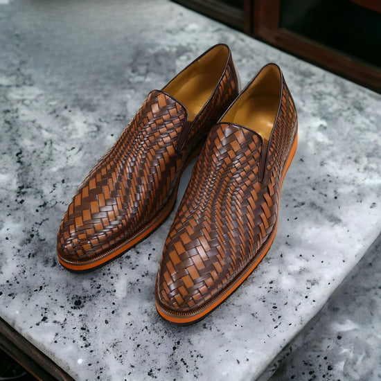 Tan And Brown Braided Leather Loafers - Loafers Shoes