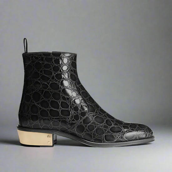 BLACK CROC PATTERN LEATHER SLIP ON CHELSEA BOOTS WITH ZIPPER AND GOLDEN HEEL PLATE - CHELSEA BOOTS