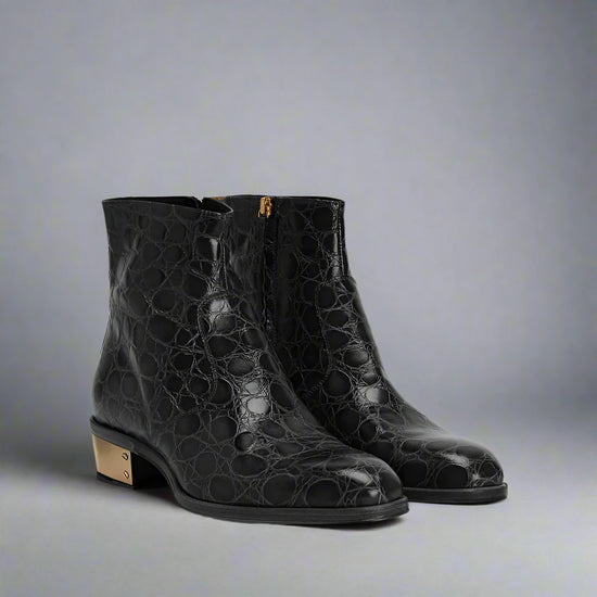 BLACK CROC PATTERN LEATHER SLIP ON CHELSEA BOOTS WITH ZIPPER AND GOLDEN HEEL PLATE - CHELSEA BOOTS