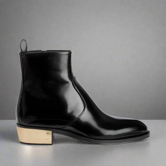 BLACK LEATHER SLIP ON CHELSEA BOOTS WITH ZIPPER AND GOLDEN HEEL PLATE - CHELSEA BOOTS