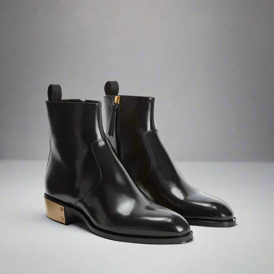 BLACK LEATHER SLIP ON CHELSEA BOOTS WITH ZIPPER AND GOLDEN HEEL PLATE - CHELSEA BOOTS