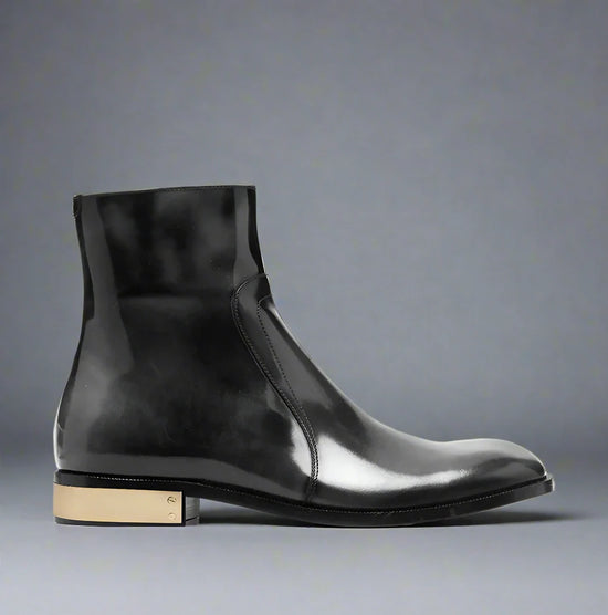BLACK LEATHER SLIP ON MODENA CHELSEA BOOTS WITH ZIPPER AND GOLDEN HEEL PLATE - CHELSEA BOOTS