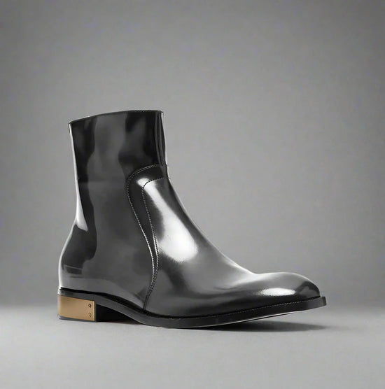 BLACK LEATHER SLIP ON MODENA CHELSEA BOOTS WITH ZIPPER AND GOLDEN HEEL PLATE - CHELSEA BOOTS