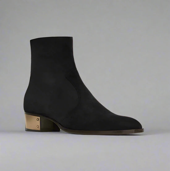 BLACK SUEDE LEATHER SLIP ON CHELSEA BOOTS WITH ZIPPER AND GOLDEN HEEL PLATE - CHELSEA BOOTS