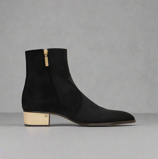 BLACK SUEDE LEATHER SLIP ON CHELSEA BOOTS WITH ZIPPER AND GOLDEN HEEL PLATE - CHELSEA BOOTS