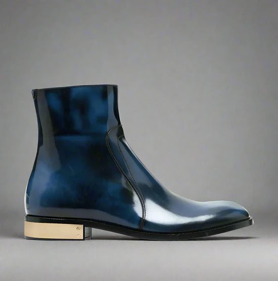 BLUE LEATHER SLIP ON MODENA CHELSEA BOOTS WITH ZIPPER AND GOLDEN HEEL PLATE - CHELSEA BOOTS