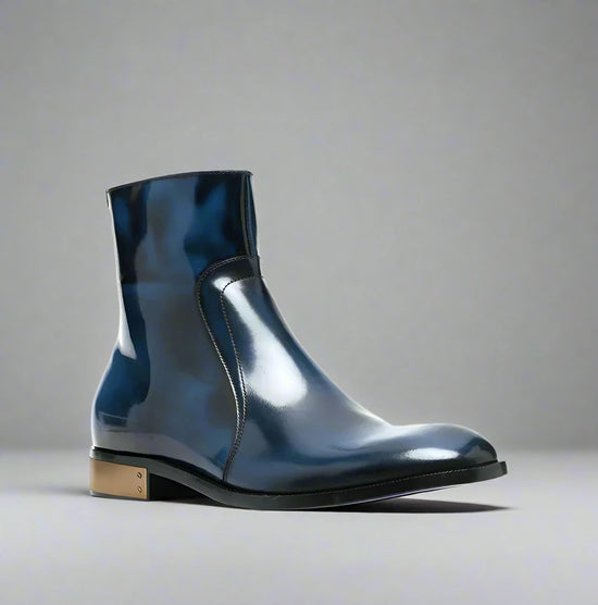 BLUE LEATHER SLIP ON MODENA CHELSEA BOOTS WITH ZIPPER AND GOLDEN HEEL PLATE - CHELSEA BOOTS