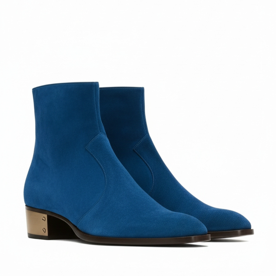 BLUE SUEDE LEATHER SLIP ON CHELSEA BOOTS WITH ZIPPER AND GOLDEN HEEL PLATE - CHELSEA BOOTS