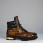 BROWN CROC LEATHER LACE UP BOOTS WITH METAL PLATES - CHELSEA BOOTS