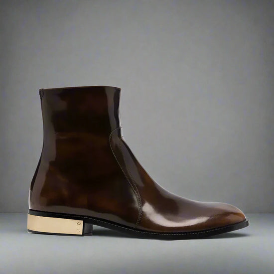 BROWN LEATHER SLIP ON MODENA CHELSEA BOOTS WITH ZIPPER AND GOLDEN HEEL PLATE - CHELSEA BOOTS