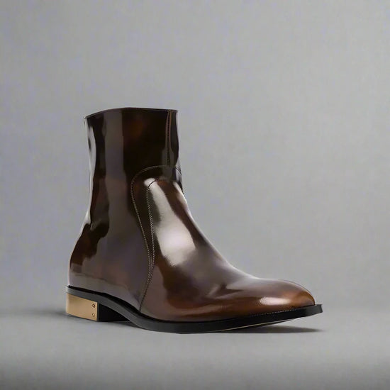 BROWN LEATHER SLIP ON MODENA CHELSEA BOOTS WITH ZIPPER AND GOLDEN HEEL PLATE - CHELSEA BOOTS