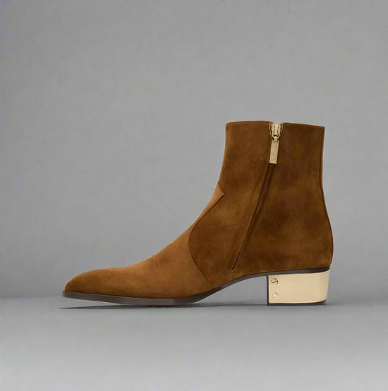 BROWN SUEDE LEATHER SLIP ON CHELSEA BOOTS WITH ZIPPER AND GOLDEN HEEL PLATE - CHELSEA BOOTS
